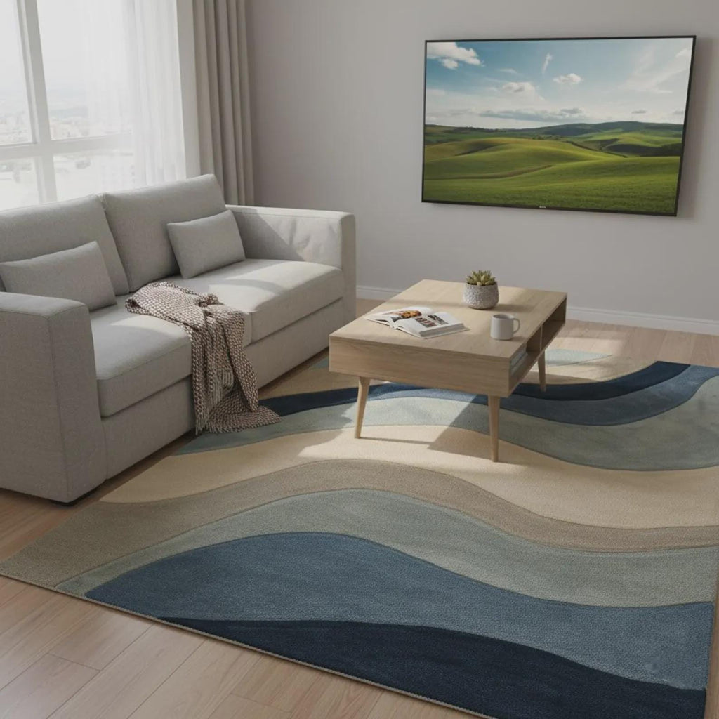 Modern Retro Wool Carpet | Handmade Contemporary Statement Rug | Retro Wavy Rug: Teal Abstract Color-Block Teppich Rug