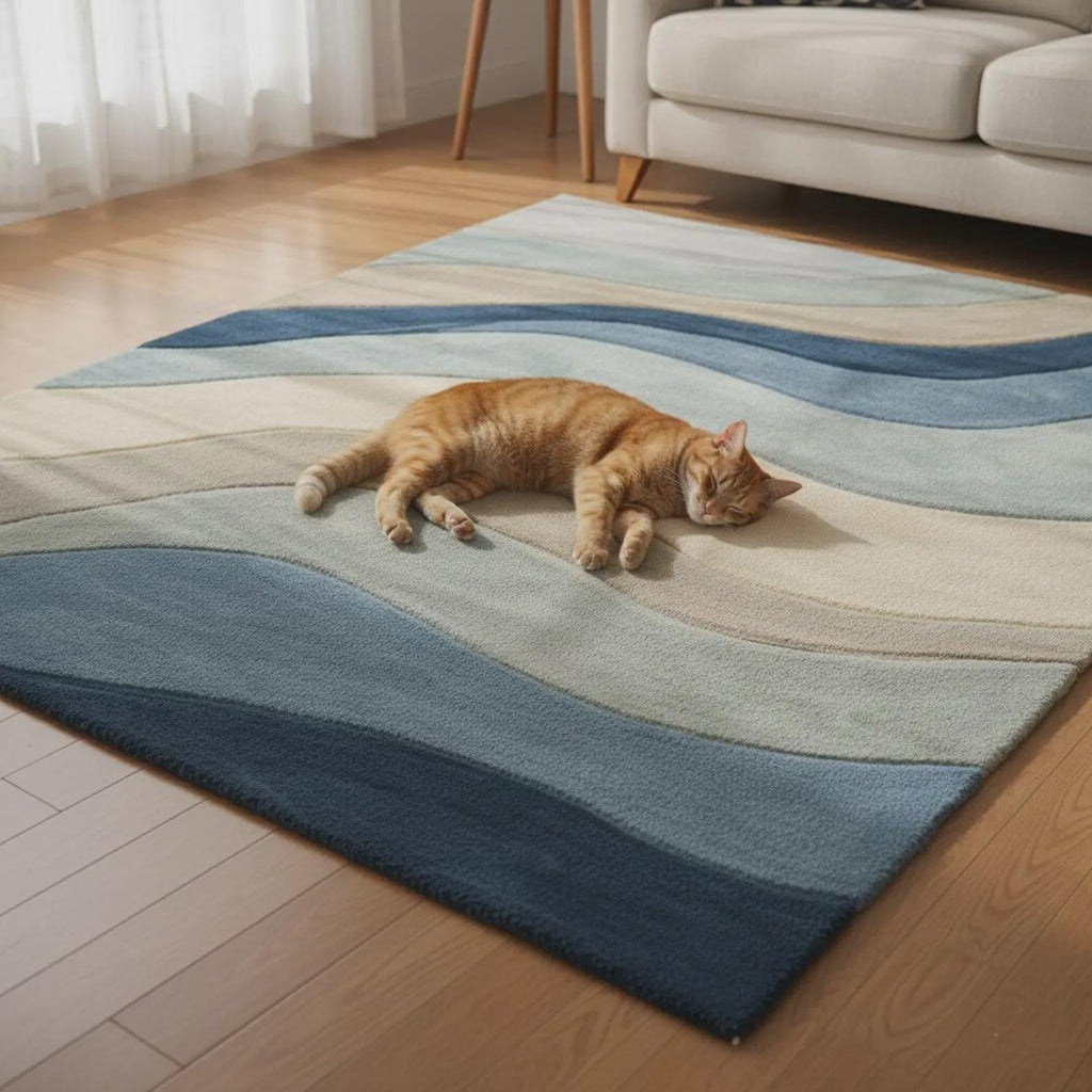 Modern Retro Wool Carpet | Handmade Contemporary Statement Rug | Retro Wavy Rug: Teal Abstract Color-Block Teppich Rug