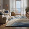 Modern Retro Wool Carpet | Handmade Contemporary Statement Rug | Retro Wavy Rug: Teal Abstract Color-Block Teppich Rug