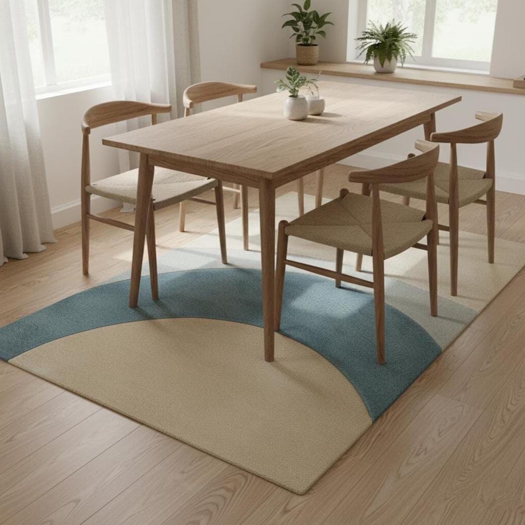 Coastal Wave Rug – Ocean Inspired Blue & Beige Wavy Area Rug | Handmade Wool Carpet | Beach House Coastal Decor