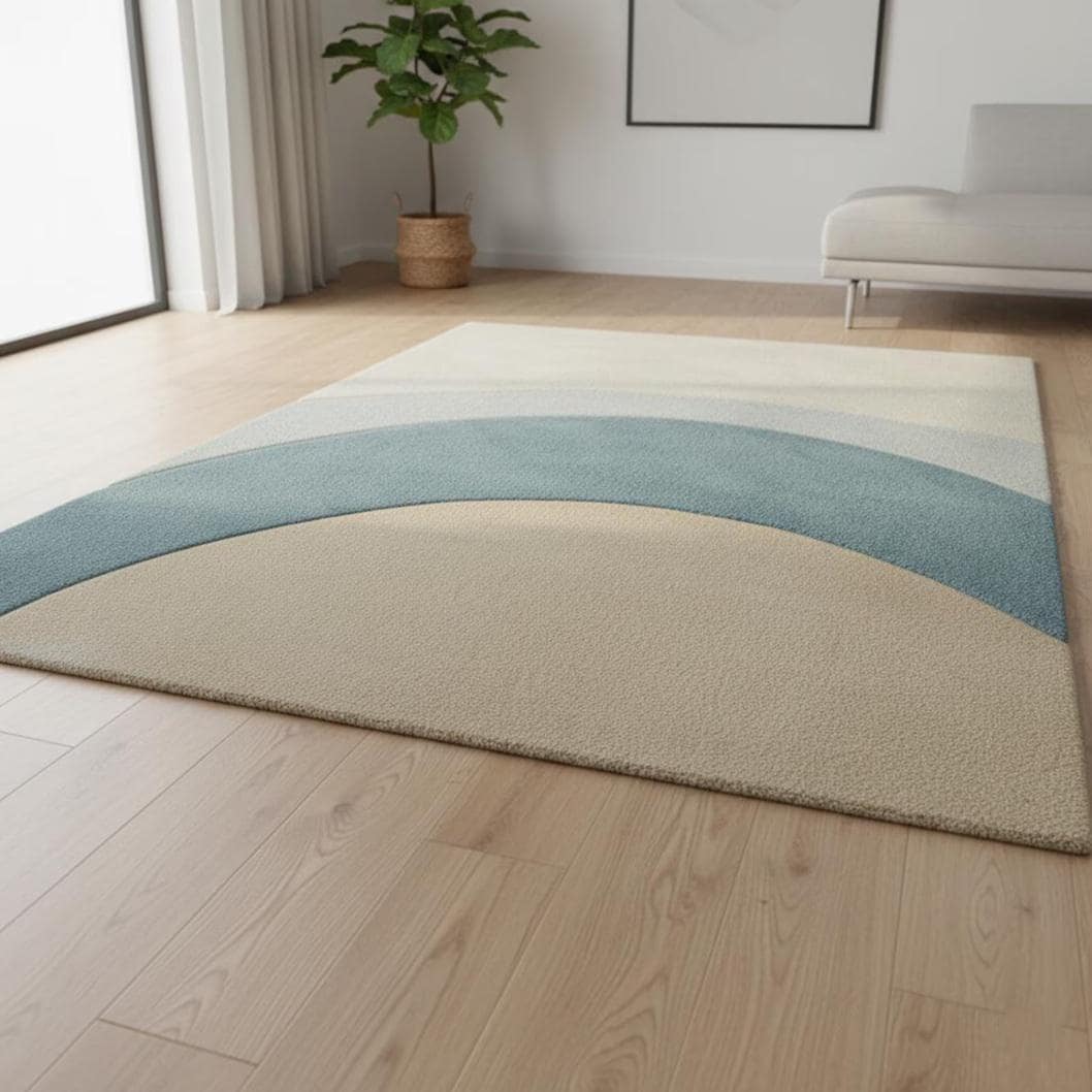 Coastal Wave Rug – Ocean Inspired Blue & Beige Wavy Area Rug | Handmade Wool Carpet | Beach House Coastal Decor