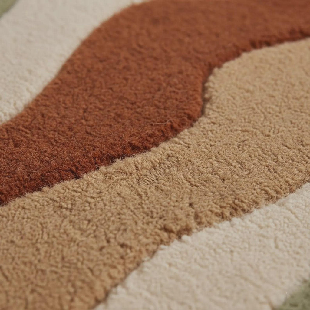 Handmade Wool Area Rug – Modern Wavy Abstract Carpet in Earthy Neutral Tones | Boho Contemporary Living Room Rug