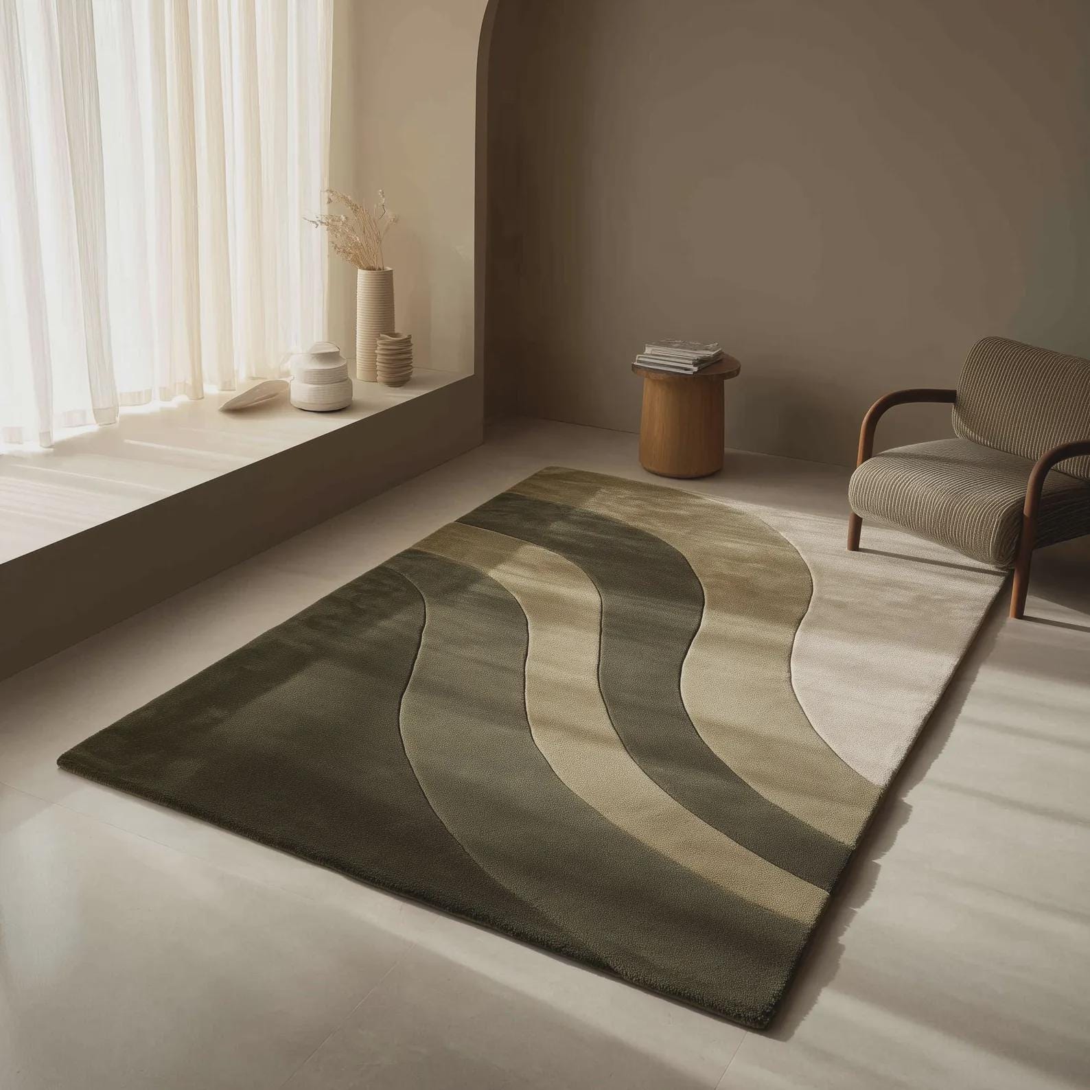 Handmade Wool Area Rug – Earthy Neutral Abstract Wavy Design