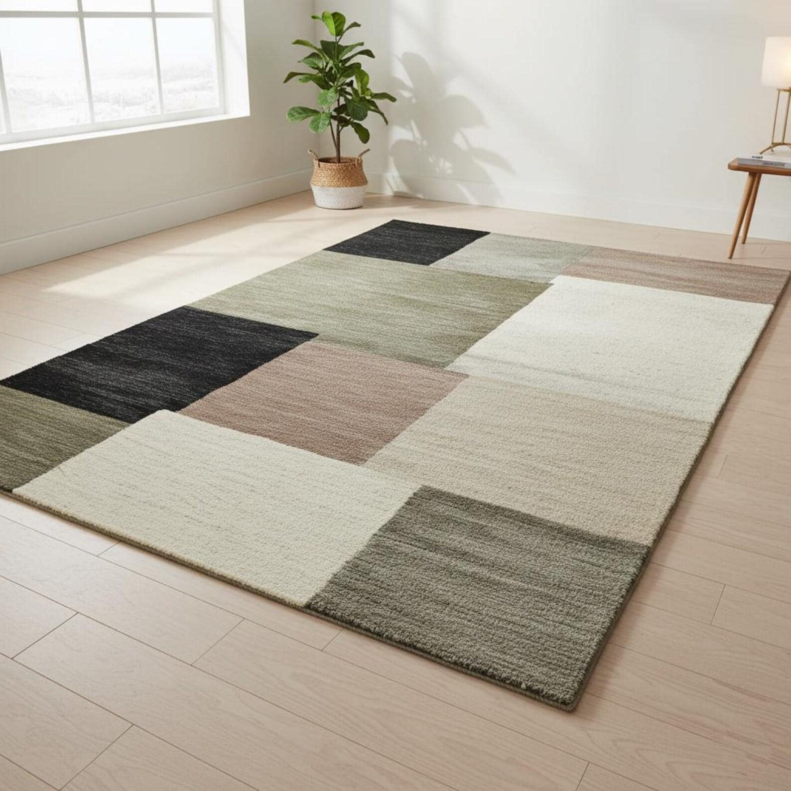 Hand-Tufted Wool Area Rug – Modern Geometric Color Block Design, 9x12 Neutral Contemporary Carpet | Minimal Home Decor