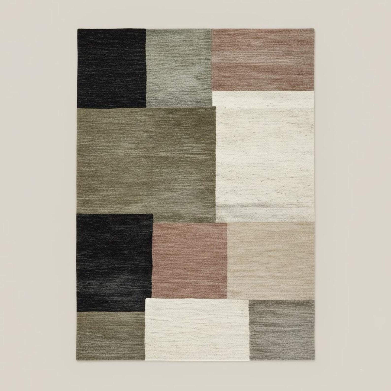 Hand-Tufted Wool Area Rug – Modern Geometric Color Block Design, 9x12 Neutral Contemporary Carpet | Minimal Home Decor