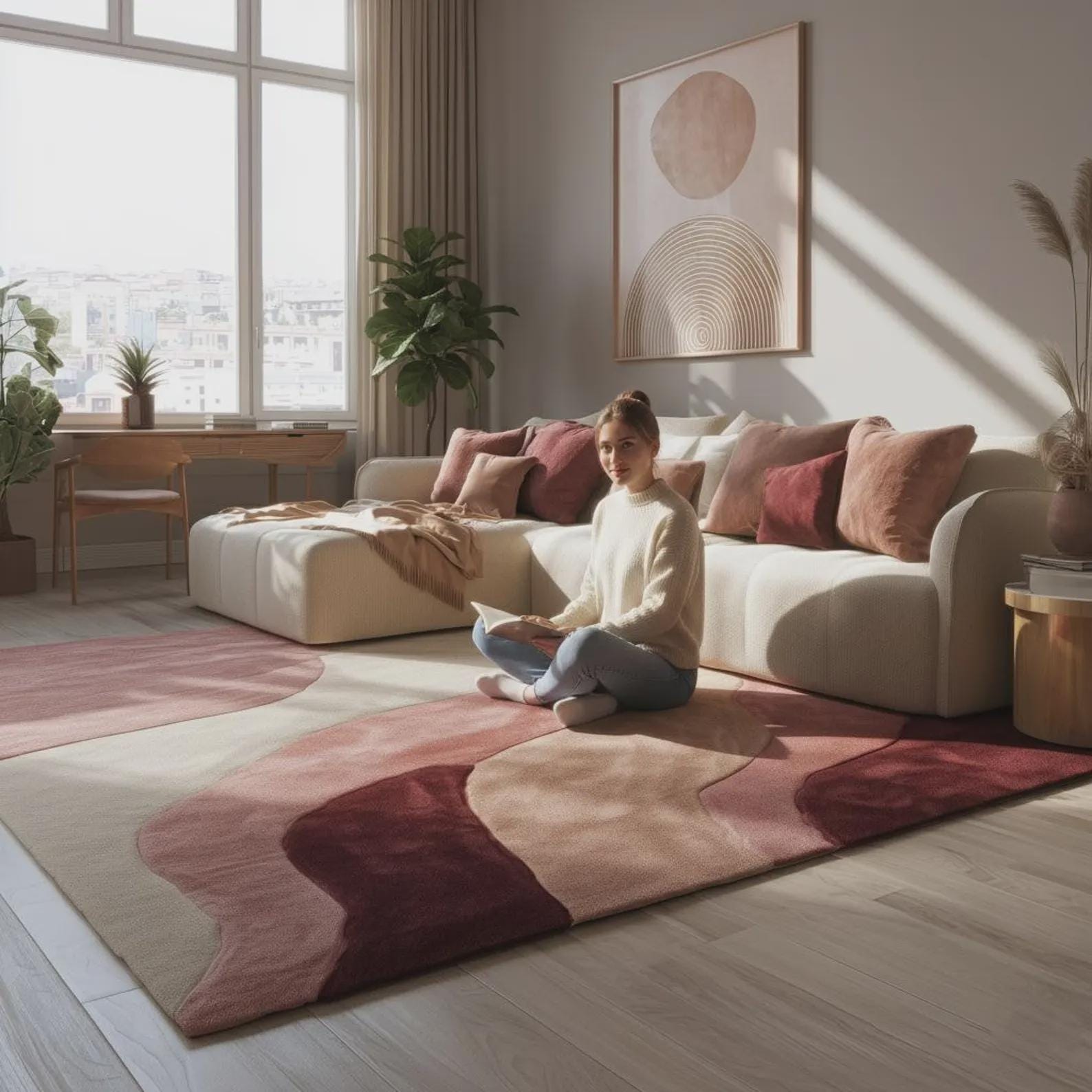 Hand Tufted Modern Area Rug, Soft Blush Geometric Design, Colorful Carpet for Home Decor