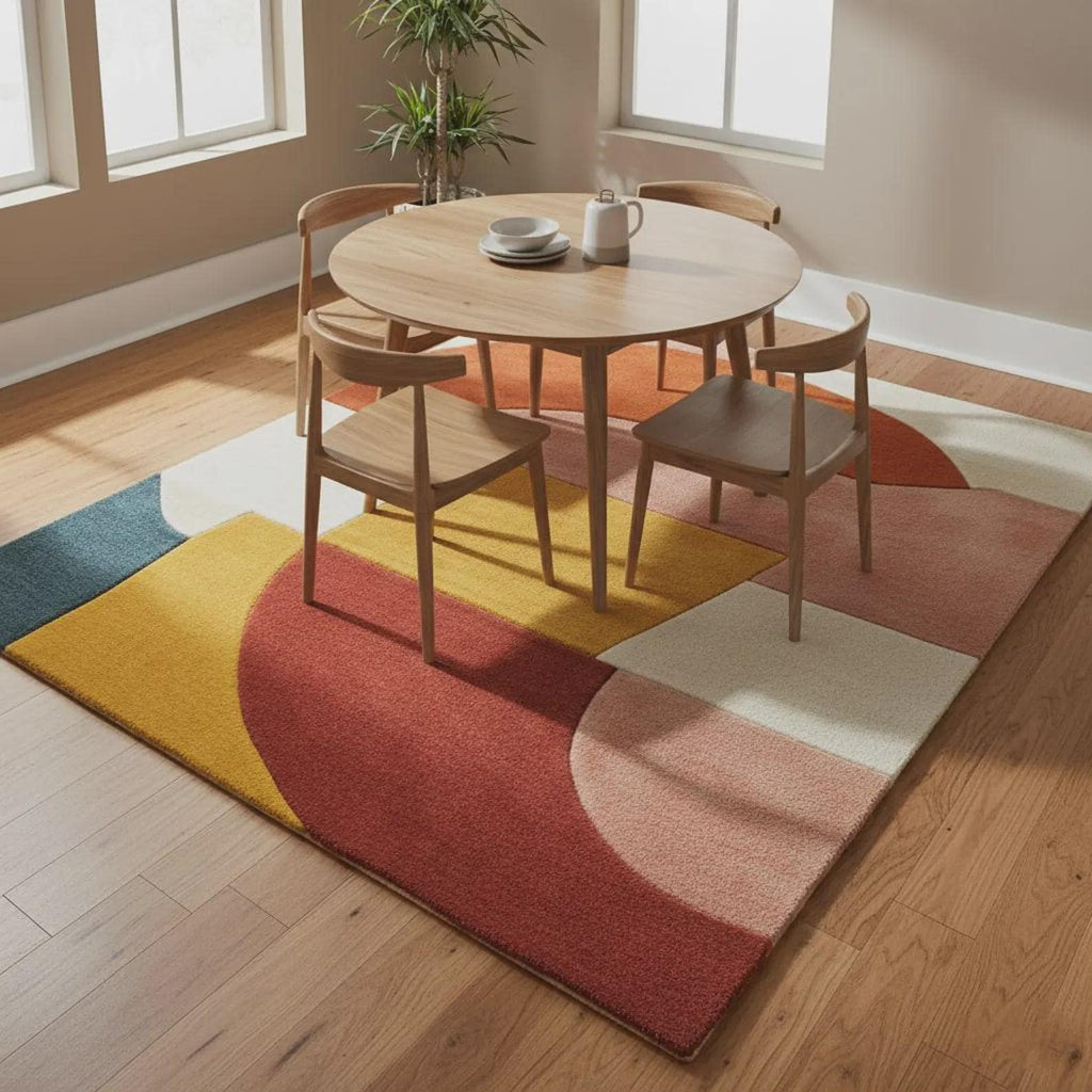Colorful Wool Area Rug | Mid Century Modern Geometric Color Block | Contemporary Carpet