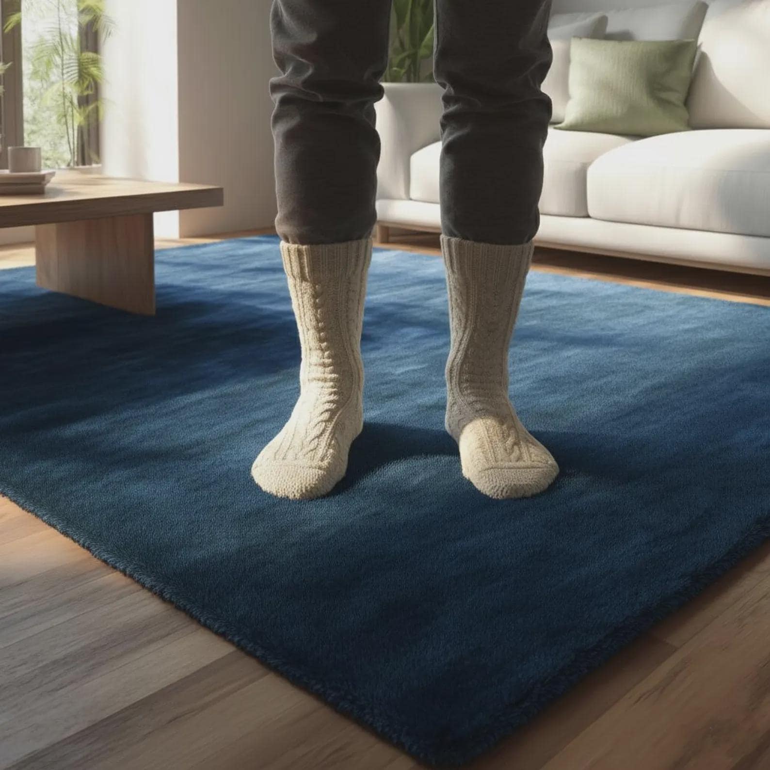 Solid Blue Hand Tufted Wool Rug – Minimalist Modern Area Rug, Soft Wool Carpet for Living Room, Bedroom, Contemporary Home Decor