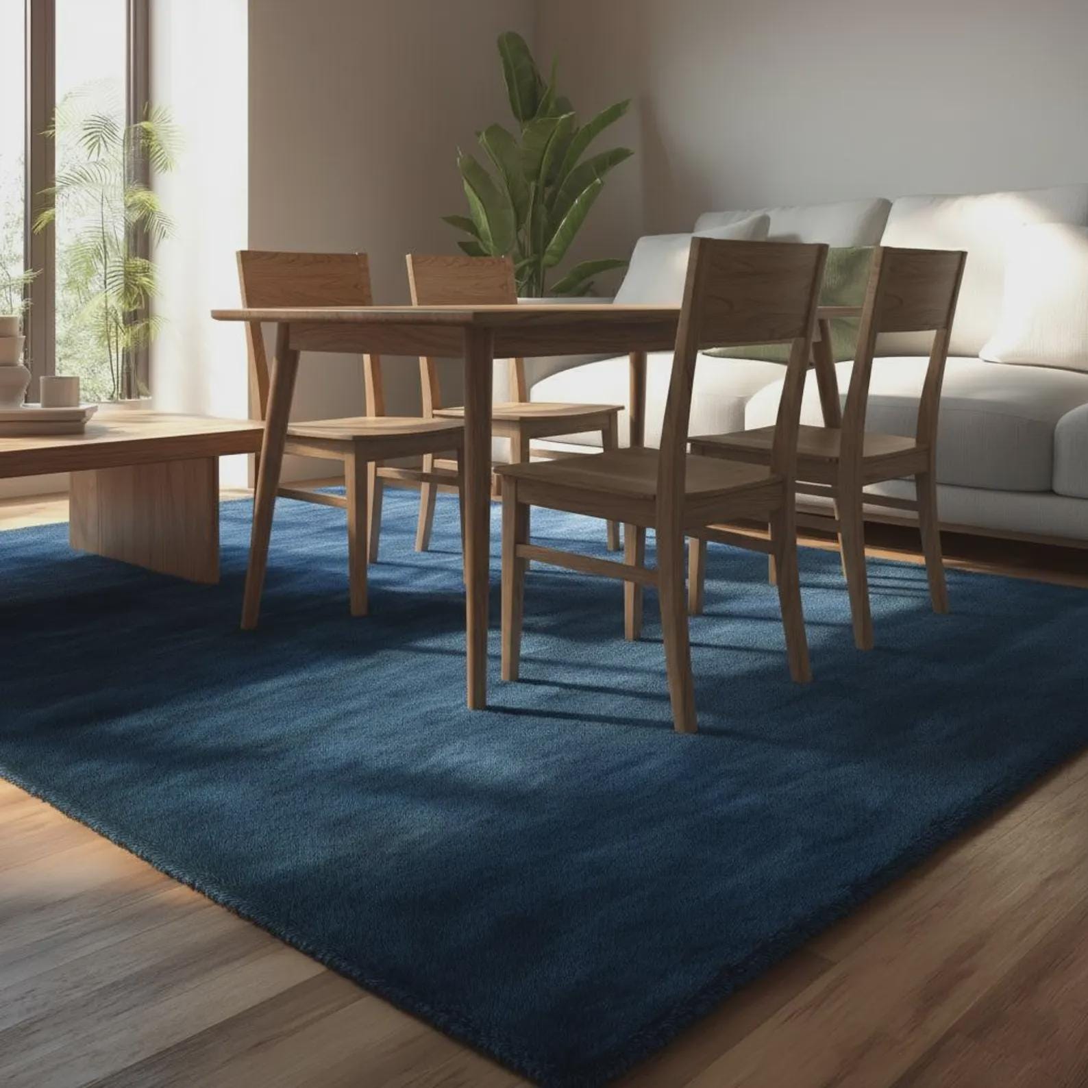 Solid Blue Hand Tufted Wool Rug – Minimalist Modern Area Rug, Soft Wool Carpet for Living Room, Bedroom, Contemporary Home Decor