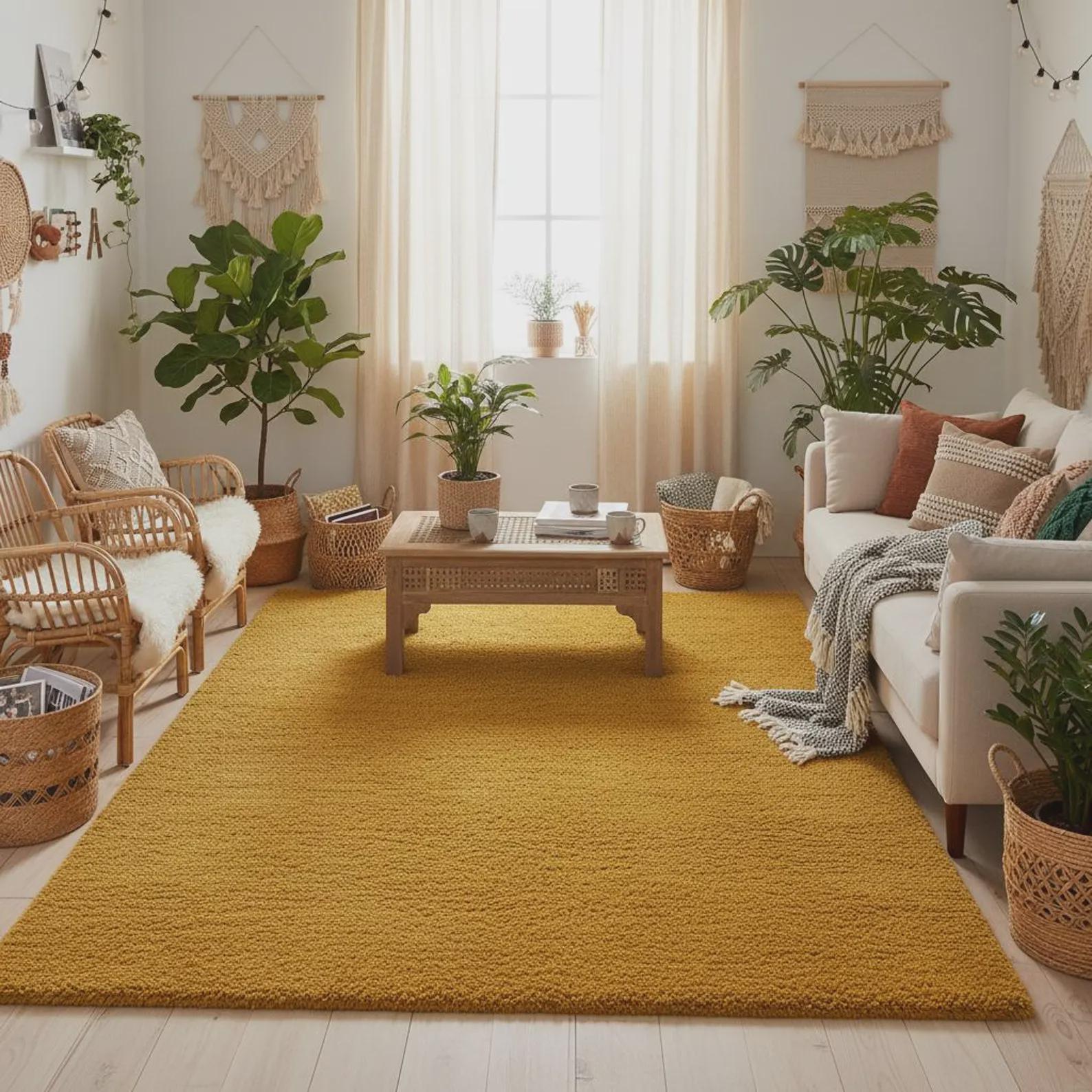 Modern Mustard Yellow Wool Rug, Plain Solid Area Carpet for Living Room & Bedroom, Contemporary Home Decor
