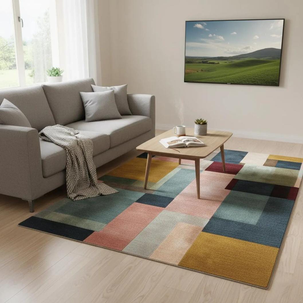 Hand-Tufted Wool Area Rug – Modern Geometric Patchwork Design, Soft Neutral Contemporary Living Room Rug