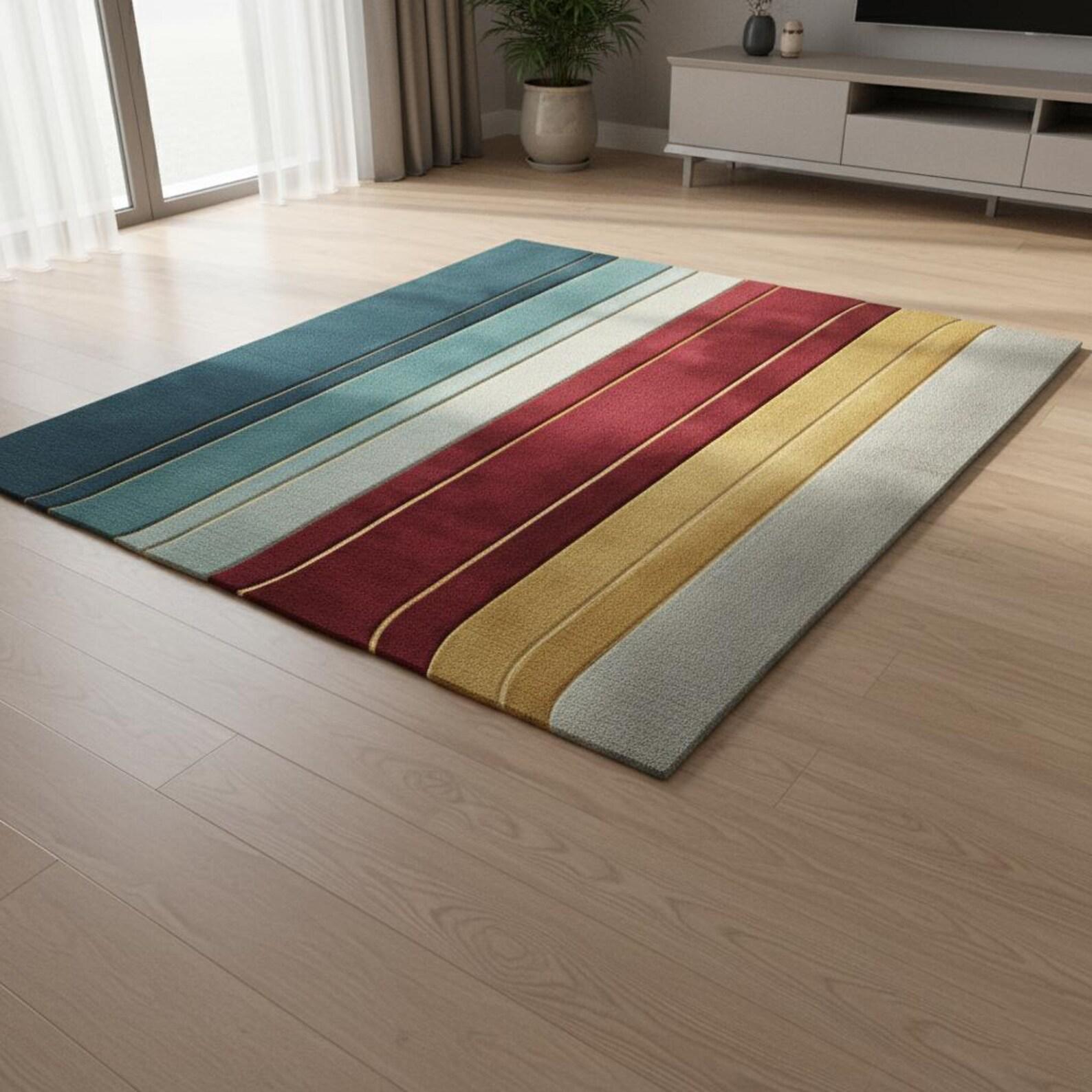 Hand Tufted Modern Area Rug | Multicolor Striped Carpet for Living Room | Soft Wool-Blend Floor Rug | Contemporary Home Decor