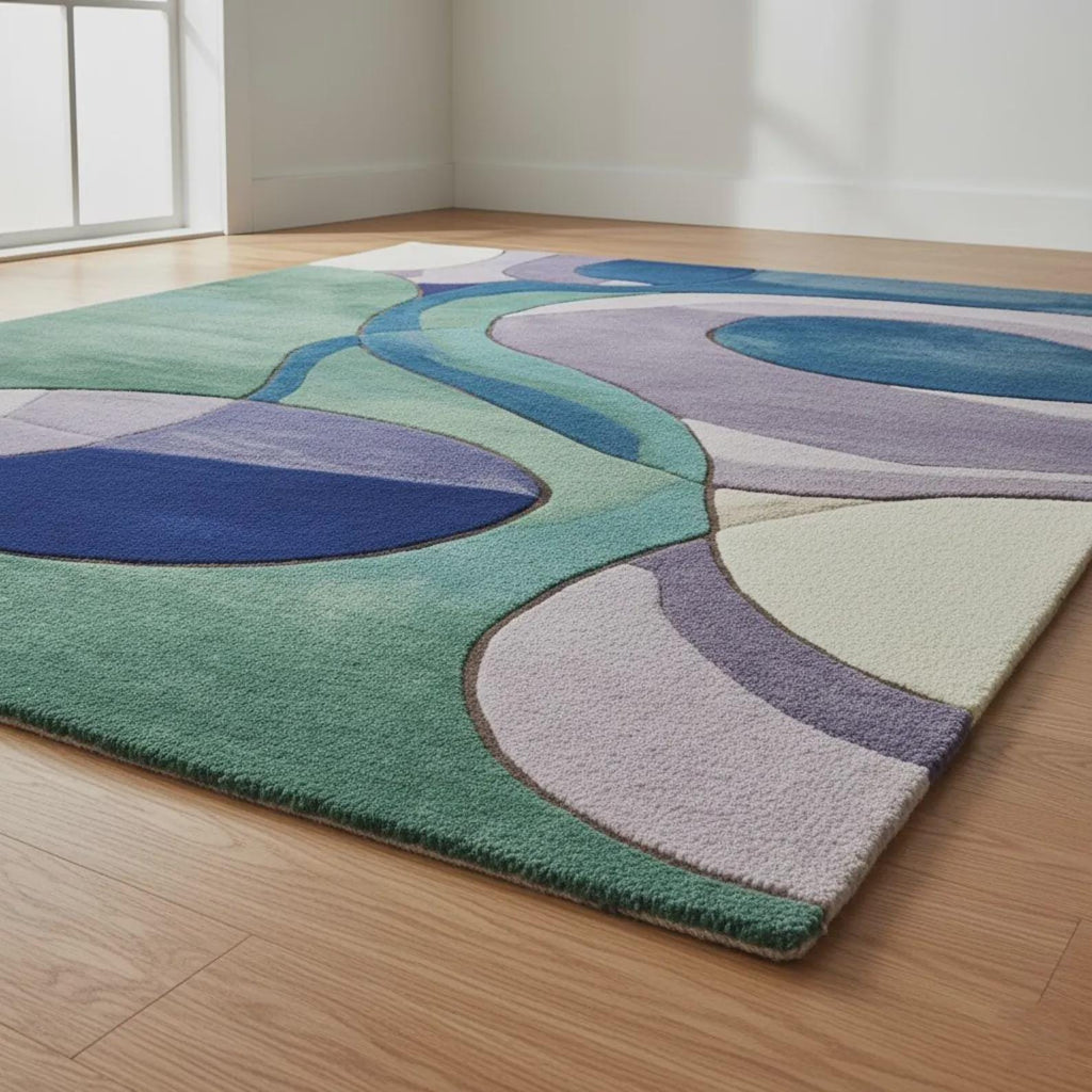 Abstract Modern Wool Rug – Hand-Tufted Art Rug with Green, Purple & Blue Shapes – Contemporary Living Room Area Carpet – Designer Rug