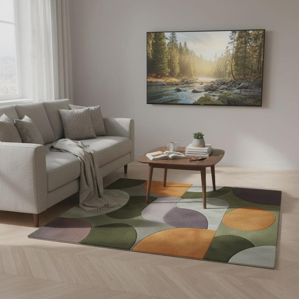 Geometric Color-Block Area Rug: Mid-Century Modern, Olive, Orange & Plum Teppich– Contemporary Living Room Area Carpet – Designer Rug