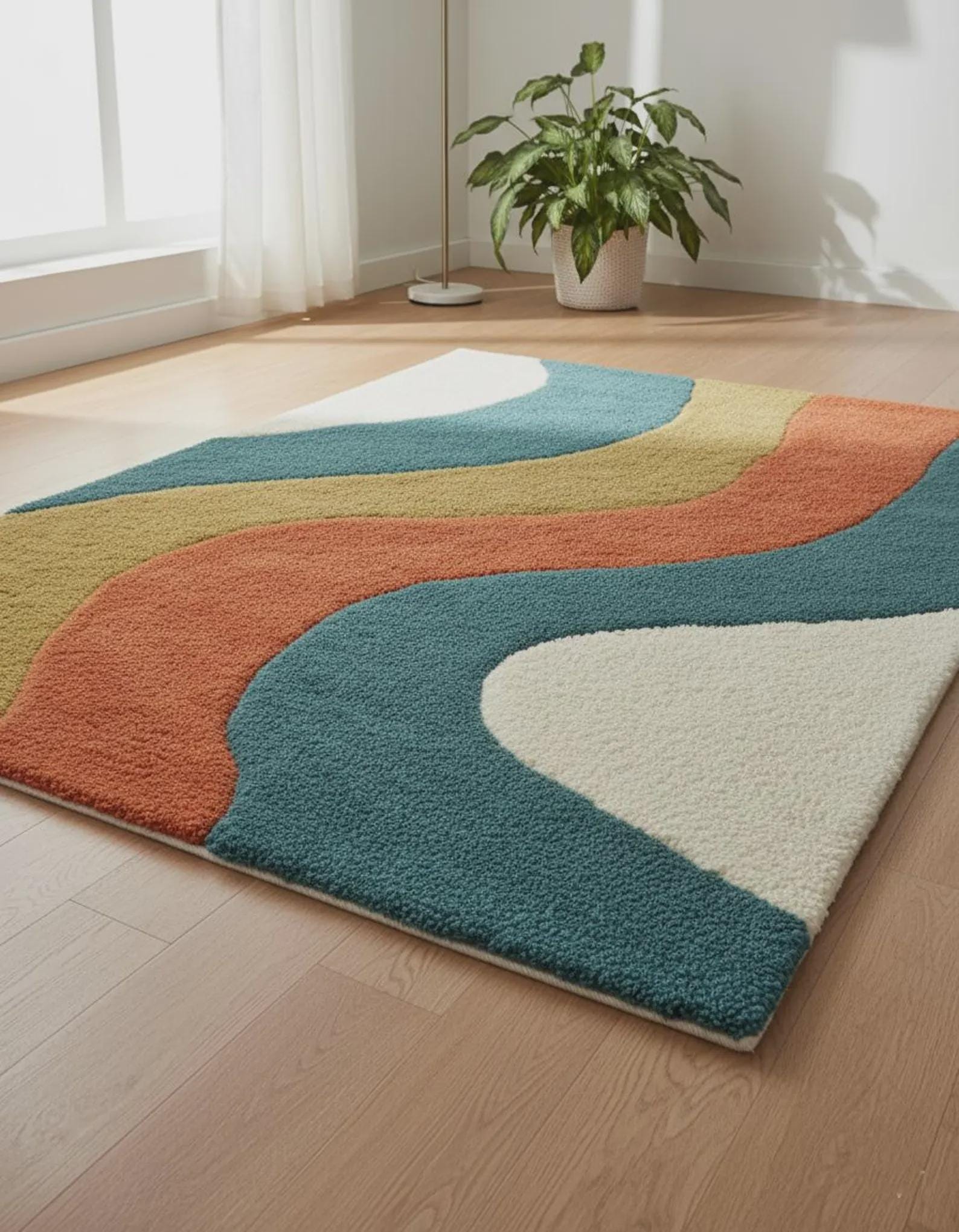 Retro Wavy Rug: Teal, Rust & Mustard Abstract Color-Block Teppich Rug