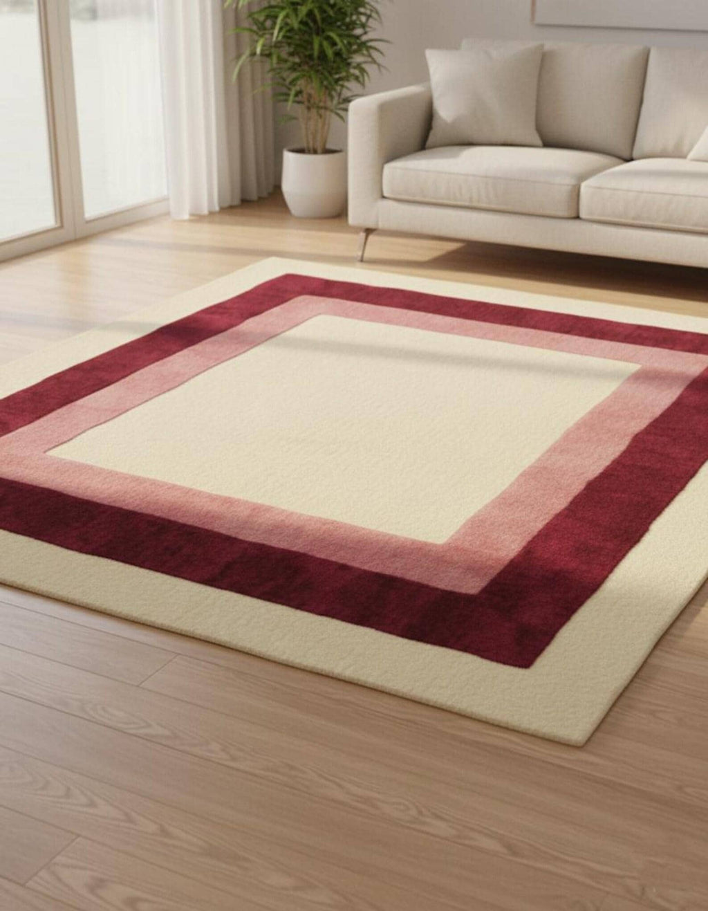 Geometric Border Area Rug: Cream, Blush & Burgundy Color-Block Design- Colorful Designer Rug