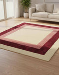Geometric Border Area Rug: Cream, Blush & Burgundy Color-Block Design- Colorful Designer Rug