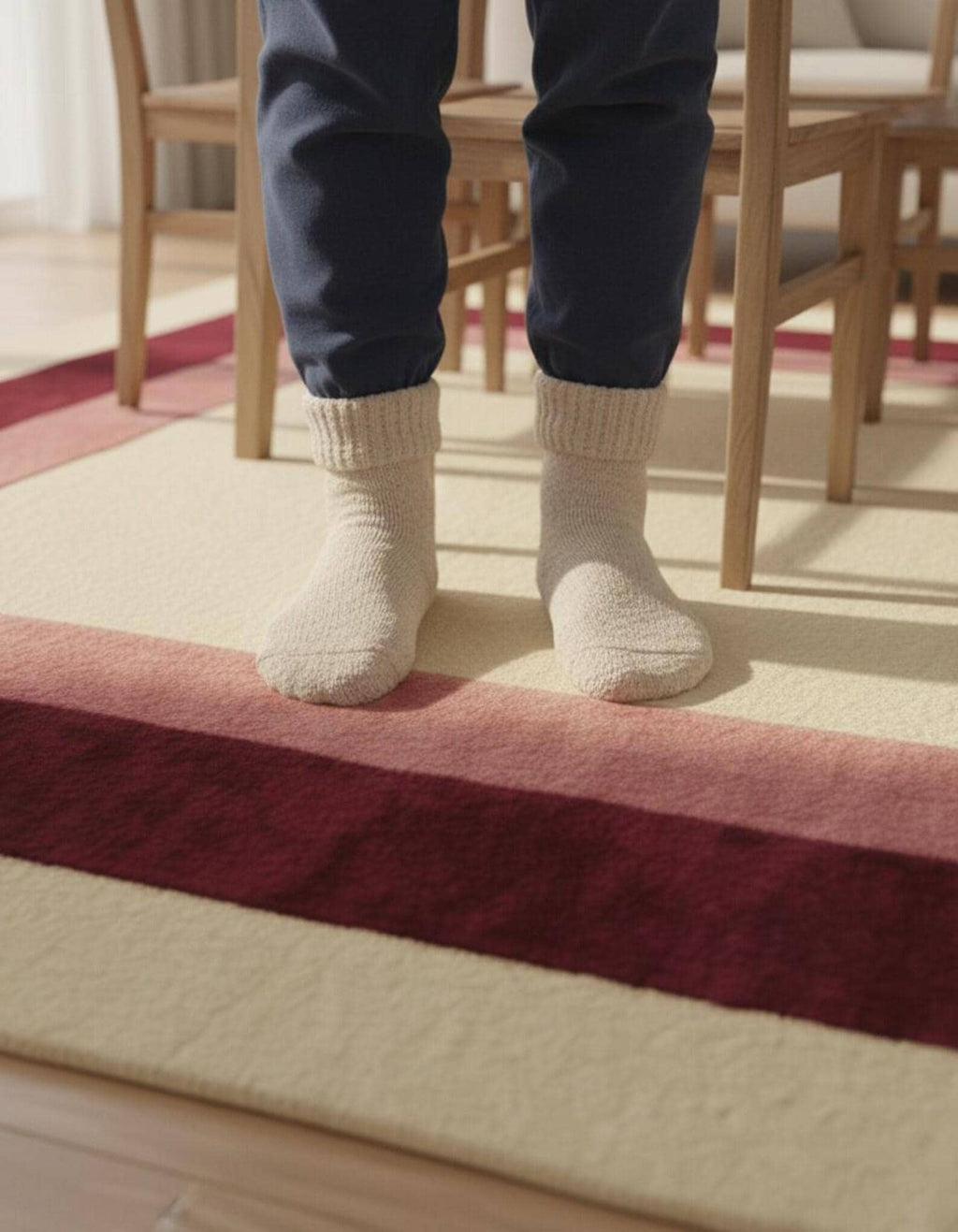 Geometric Border Area Rug: Cream, Blush & Burgundy Color-Block Design- Colorful Designer Rug