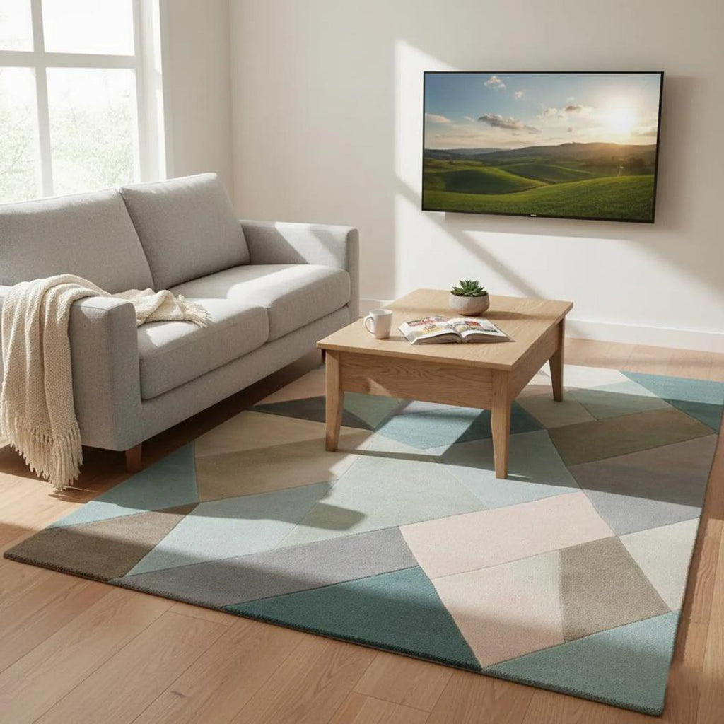 Colorful Abstract Area Rug – Designer Wool Carpet for Living Room – Modern Curved Shape Pattern