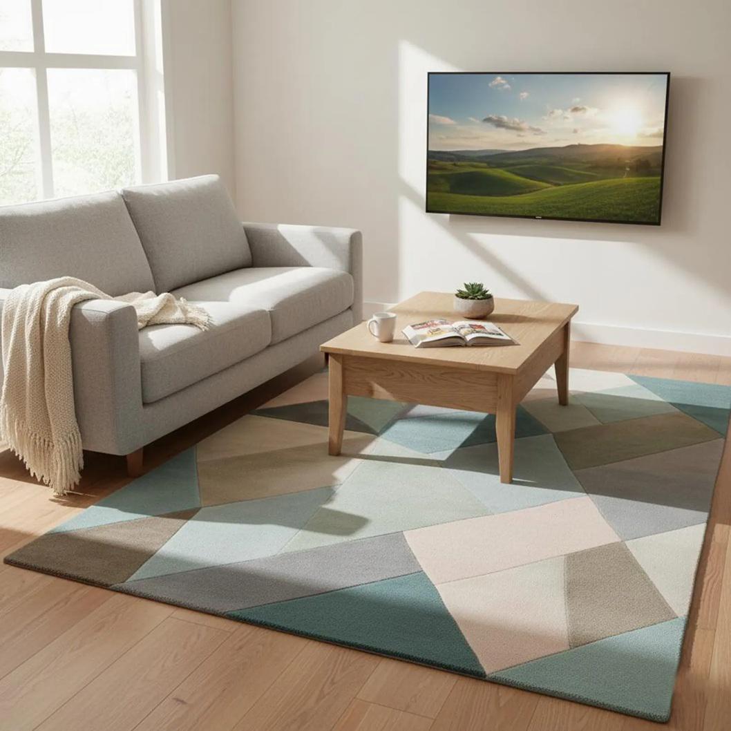 Colorful Abstract Area Rug – Designer Wool Carpet for Living Room – Modern Curved Shape Pattern