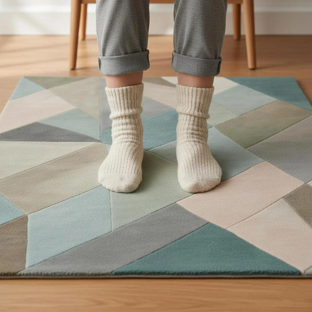 Colorful Abstract Area Rug – Designer Wool Carpet for Living Room – Modern Curved Shape Pattern