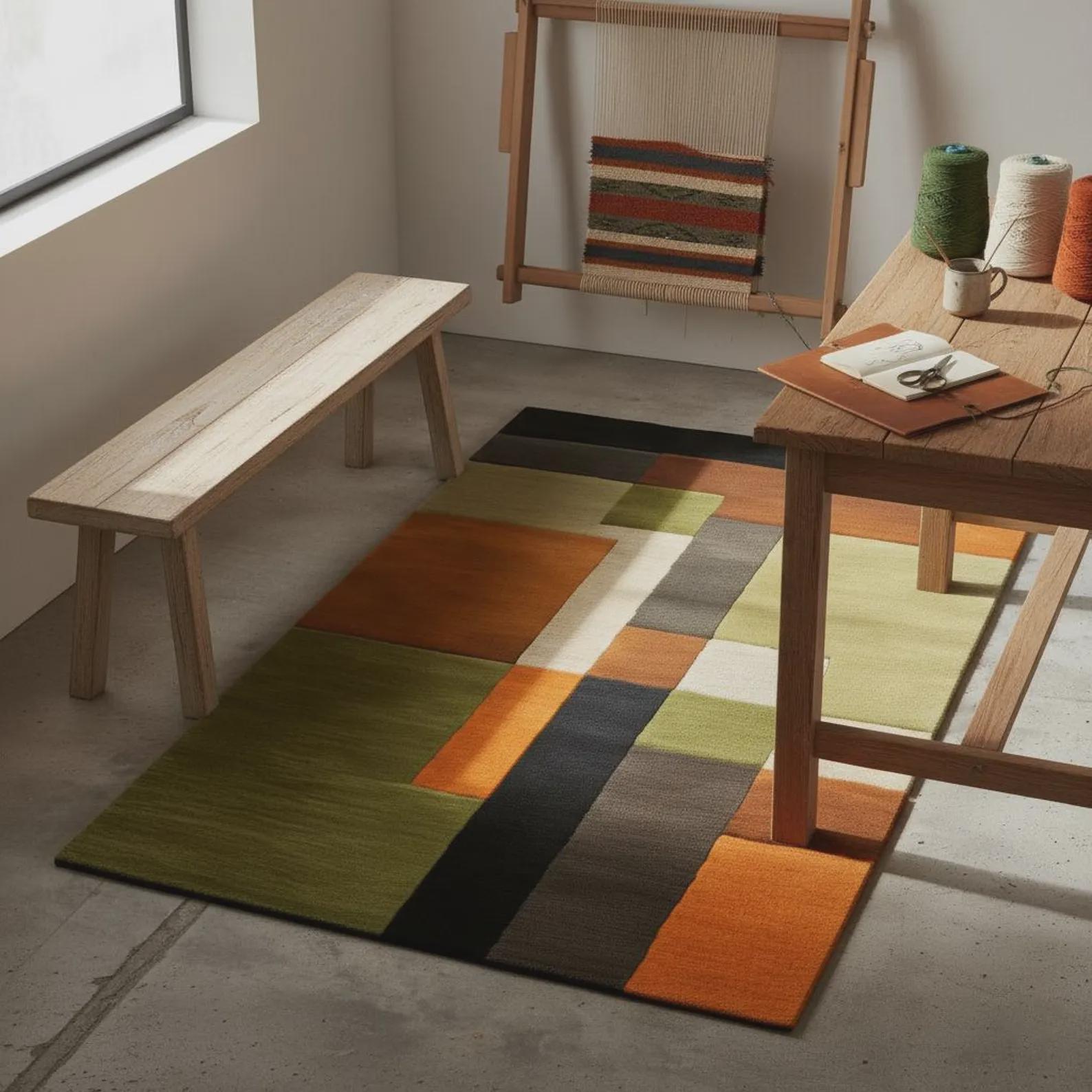 Handmade Wool Area Rug | Mid Century Modern Geometric Color Block | Contemporary Carpet