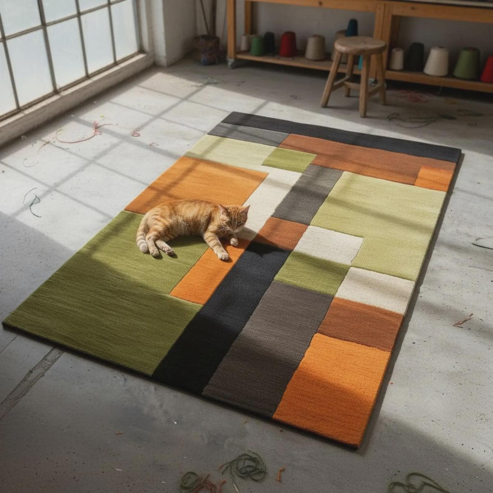 Handmade Wool Area Rug | Mid Century Modern Geometric Color Block | Contemporary Carpet