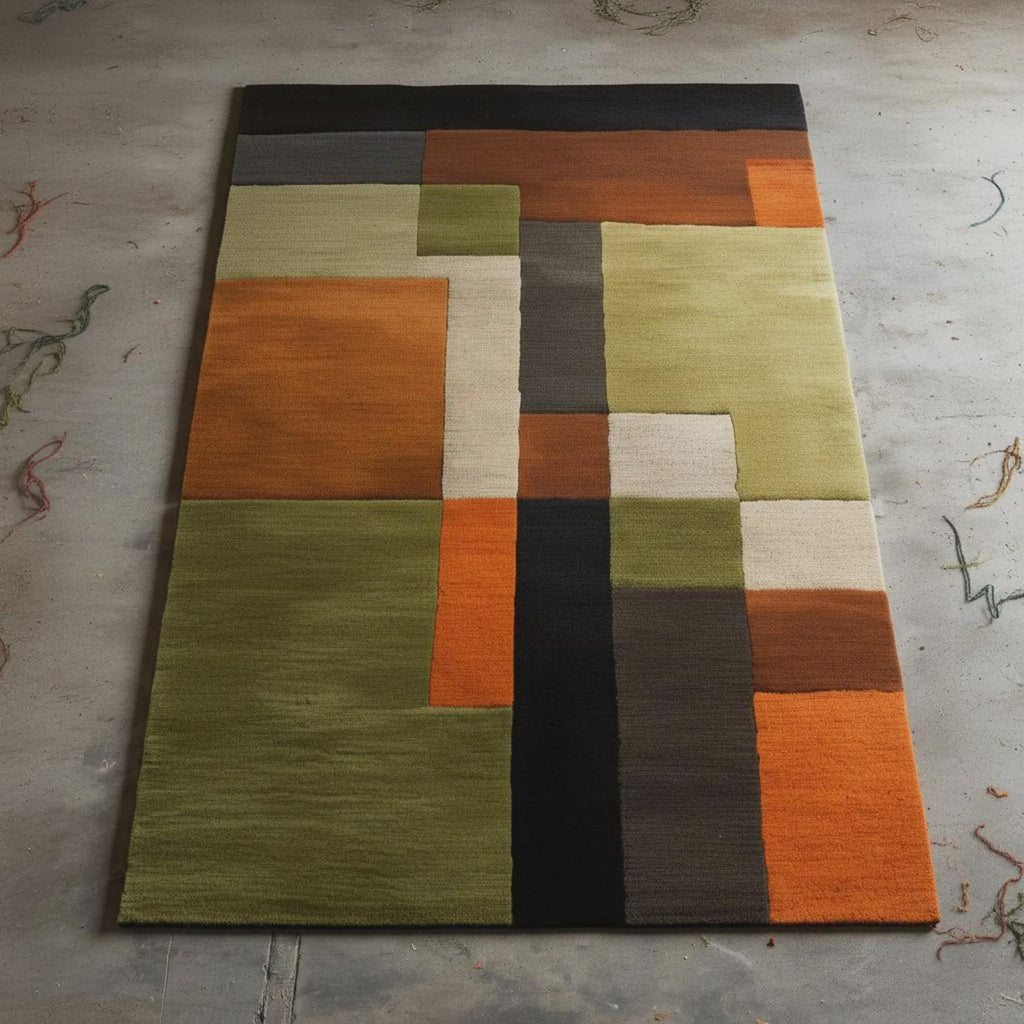 Handmade Wool Area Rug | Mid Century Modern Geometric Color Block | Contemporary Carpet
