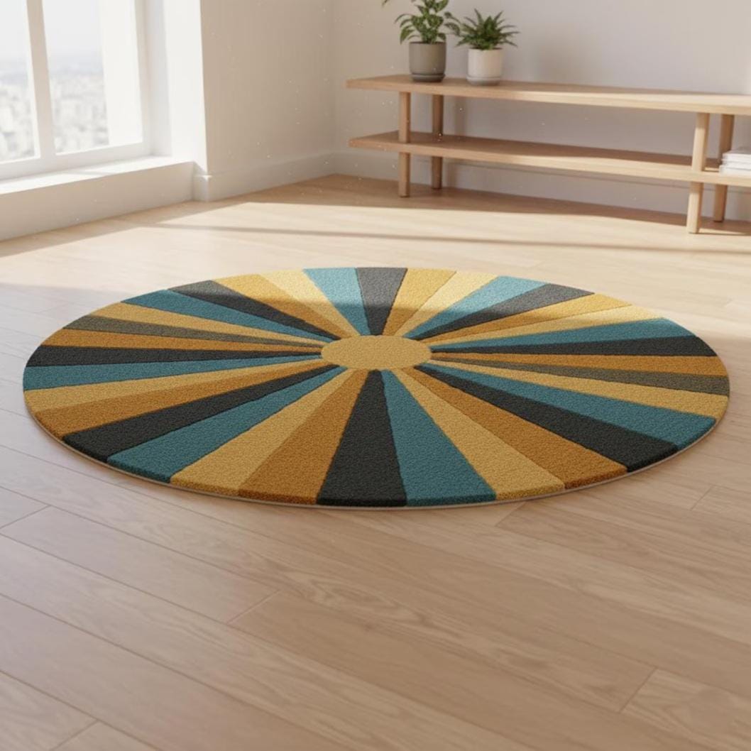 Hand-Tufted Wool Round Rug – Mid-Century Sunburst Design