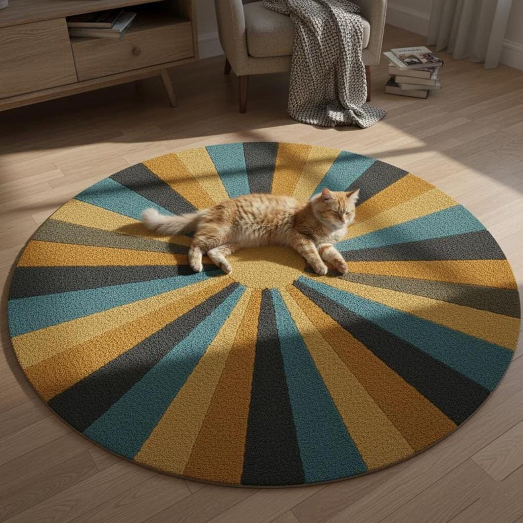Hand-Tufted Wool Round Rug – Mid-Century Sunburst Design