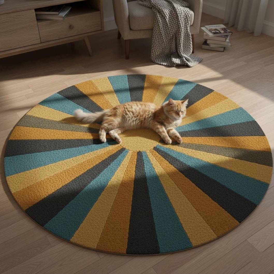 Hand-Tufted Wool Round Rug – Mid-Century Sunburst Design