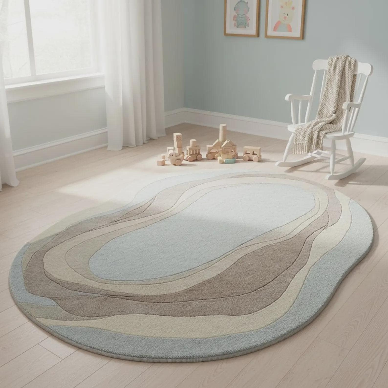 Organic Wavy Area Rug, Beige Cream Abstract Carpet, Scandinavian Decor