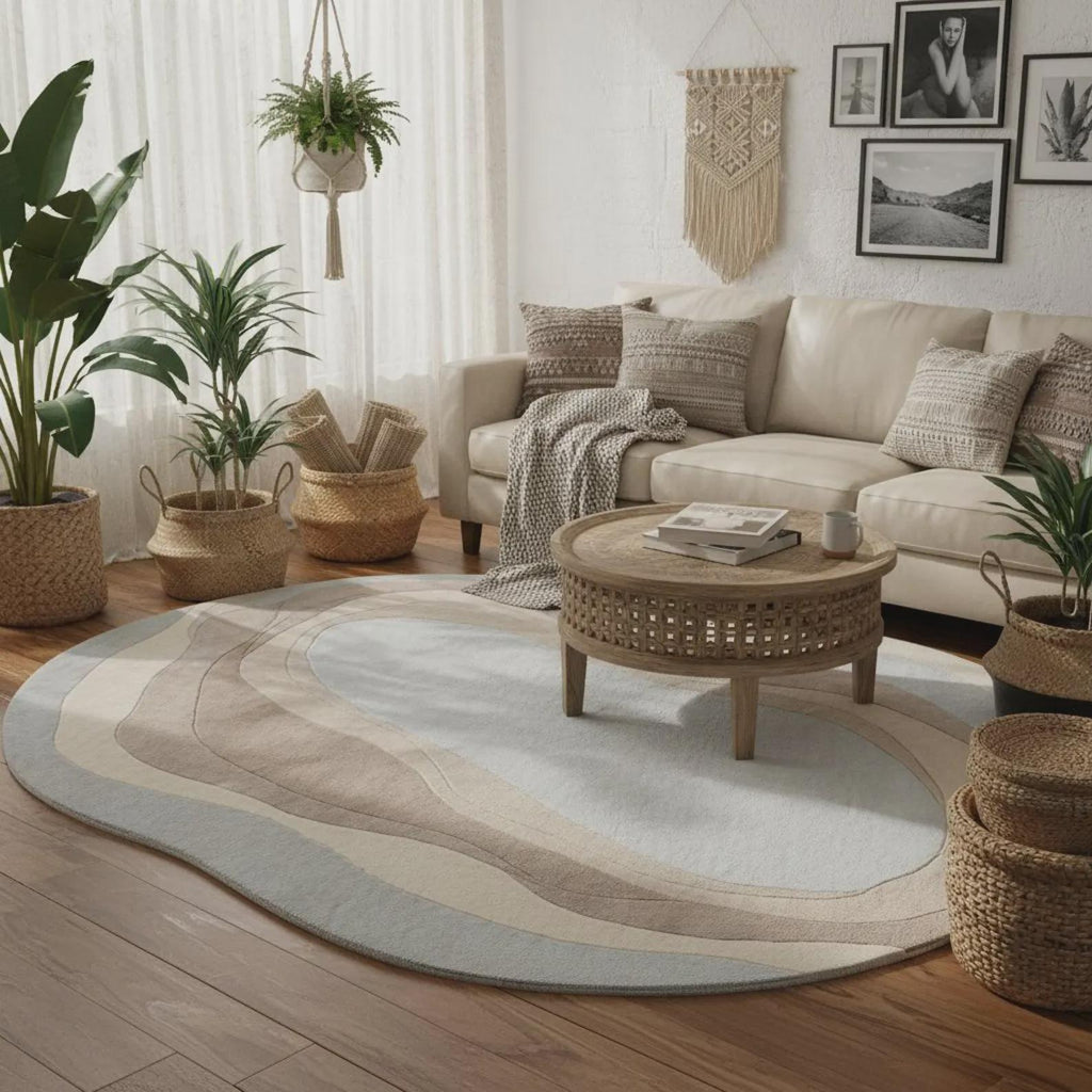 Organic Wavy Area Rug, Beige Cream Abstract Carpet, Scandinavian Decor