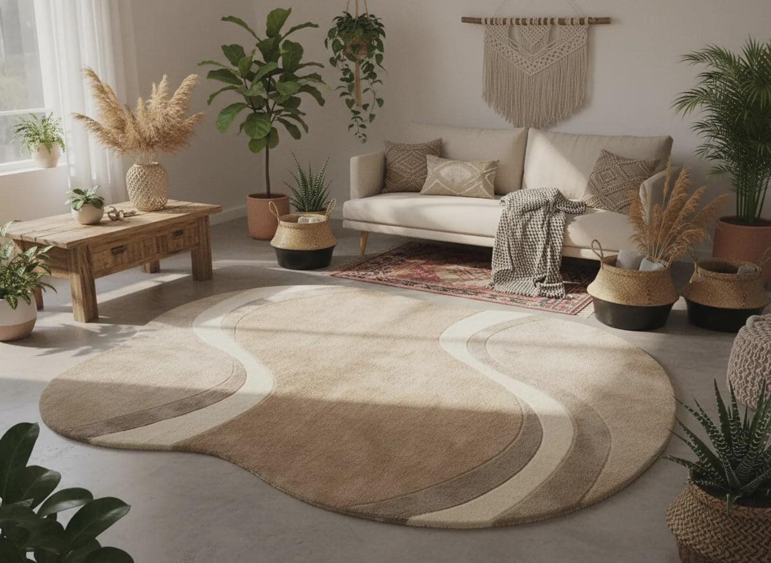 Curved Beige Area Rug | Modern Abstract Wavy Rug