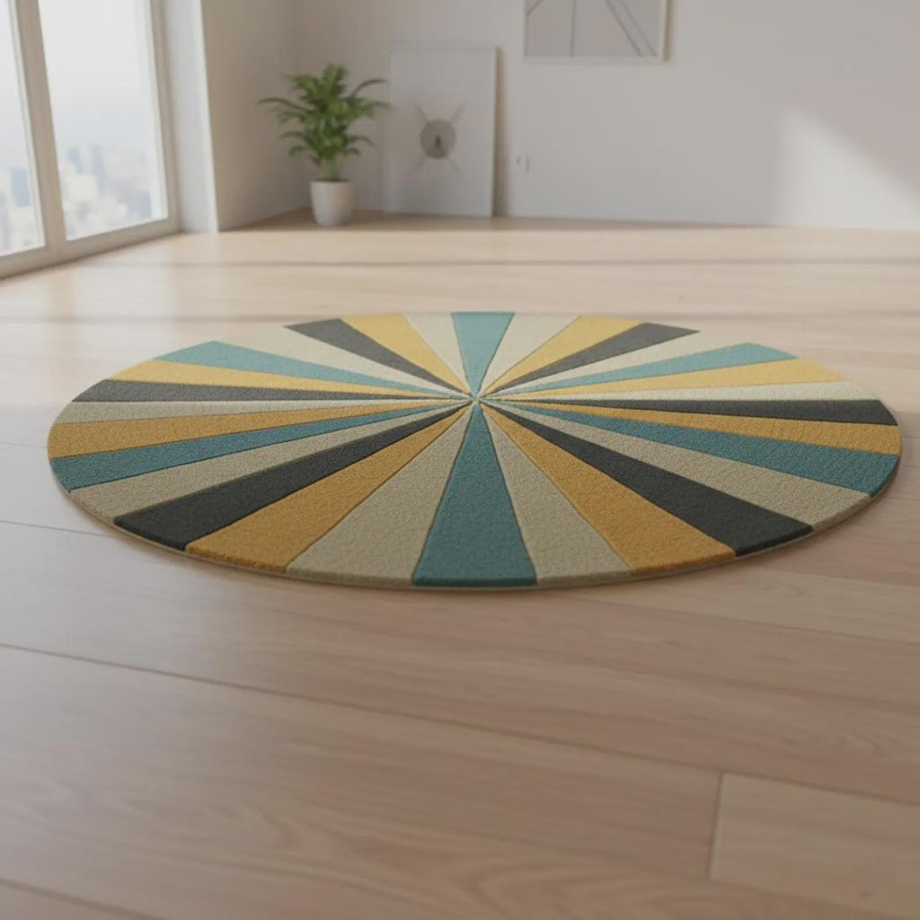 Hand Tufted Round Rug – Mid Century Modern Sunburst Area Rug, Retro Geometric Wool Carpet, Scandinavian Living Room Decor