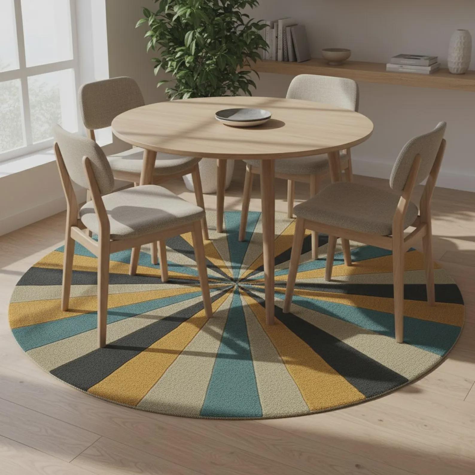 Hand Tufted Round Rug – Mid Century Modern Sunburst Area Rug, Retro Geometric Wool Carpet, Scandinavian Living Room Decor