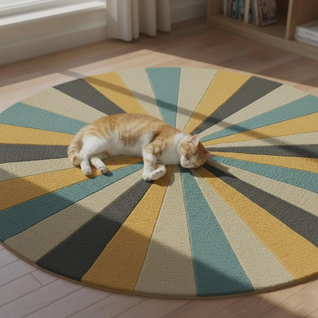 Hand Tufted Round Rug – Mid Century Modern Sunburst Area Rug, Retro Geometric Wool Carpet, Scandinavian Living Room Decor