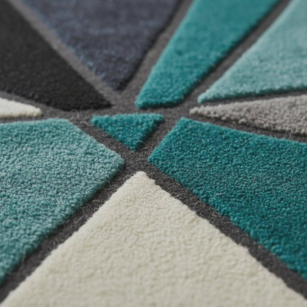 Geometric Abstract Rug – Blue Teal Gold Modern Area Rug – Contemporary Stained Glass Carpet Teppich