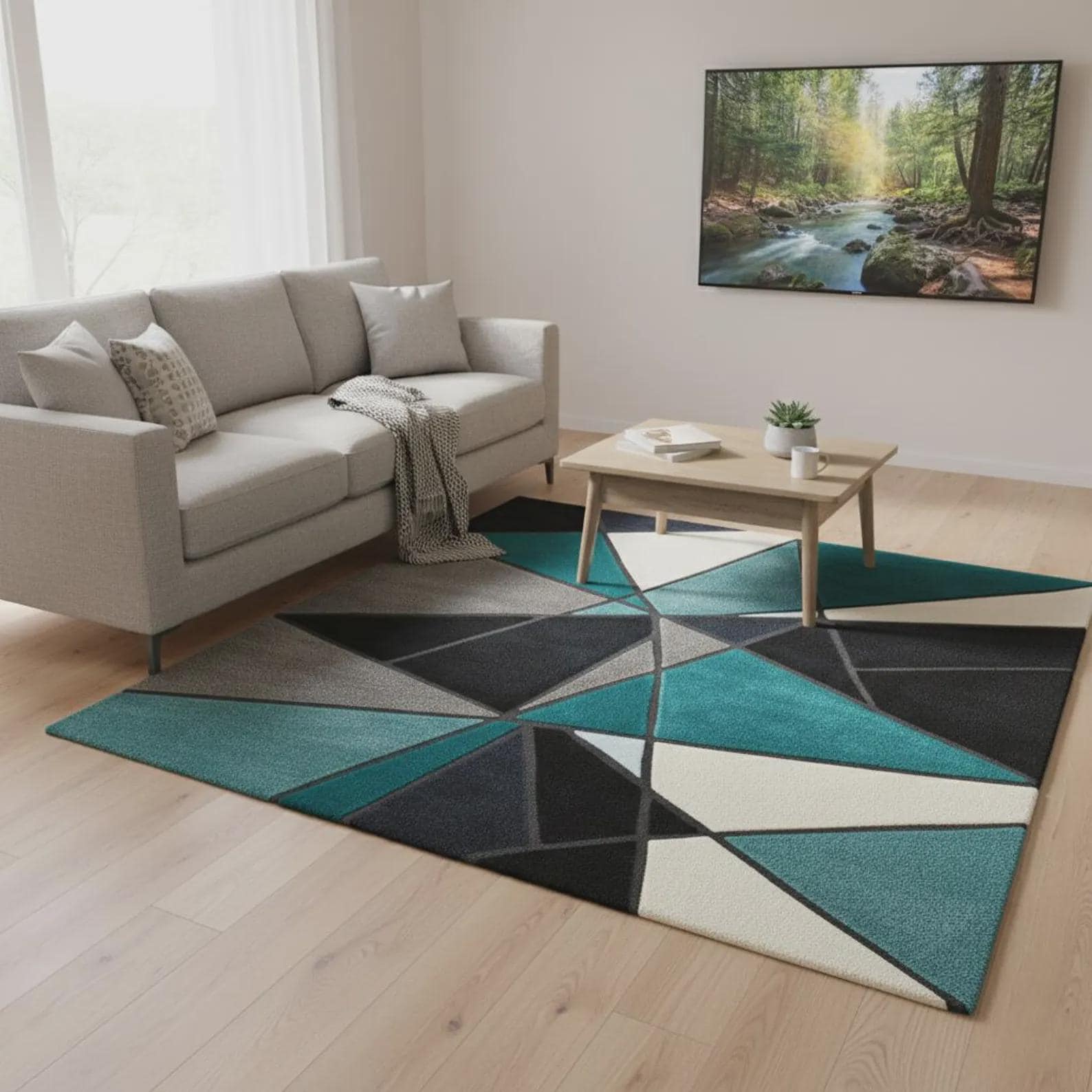 Geometric Abstract Rug – Blue Teal Gold Modern Area Rug – Contemporary Stained Glass Carpet Teppich