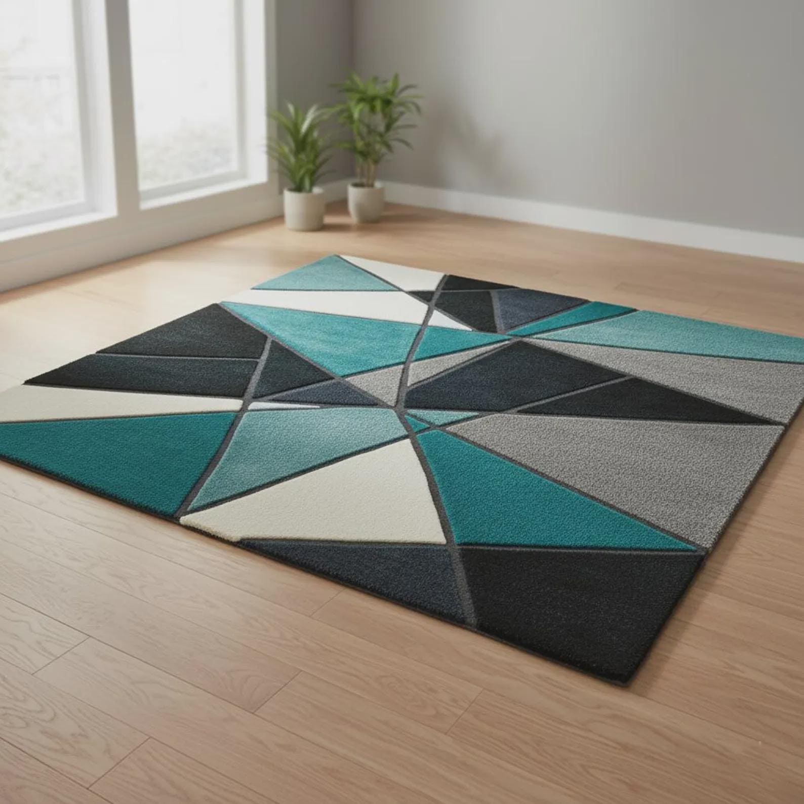 Geometric Abstract Rug – Blue Teal Gold Modern Area Rug – Contemporary Stained Glass Carpet Teppich