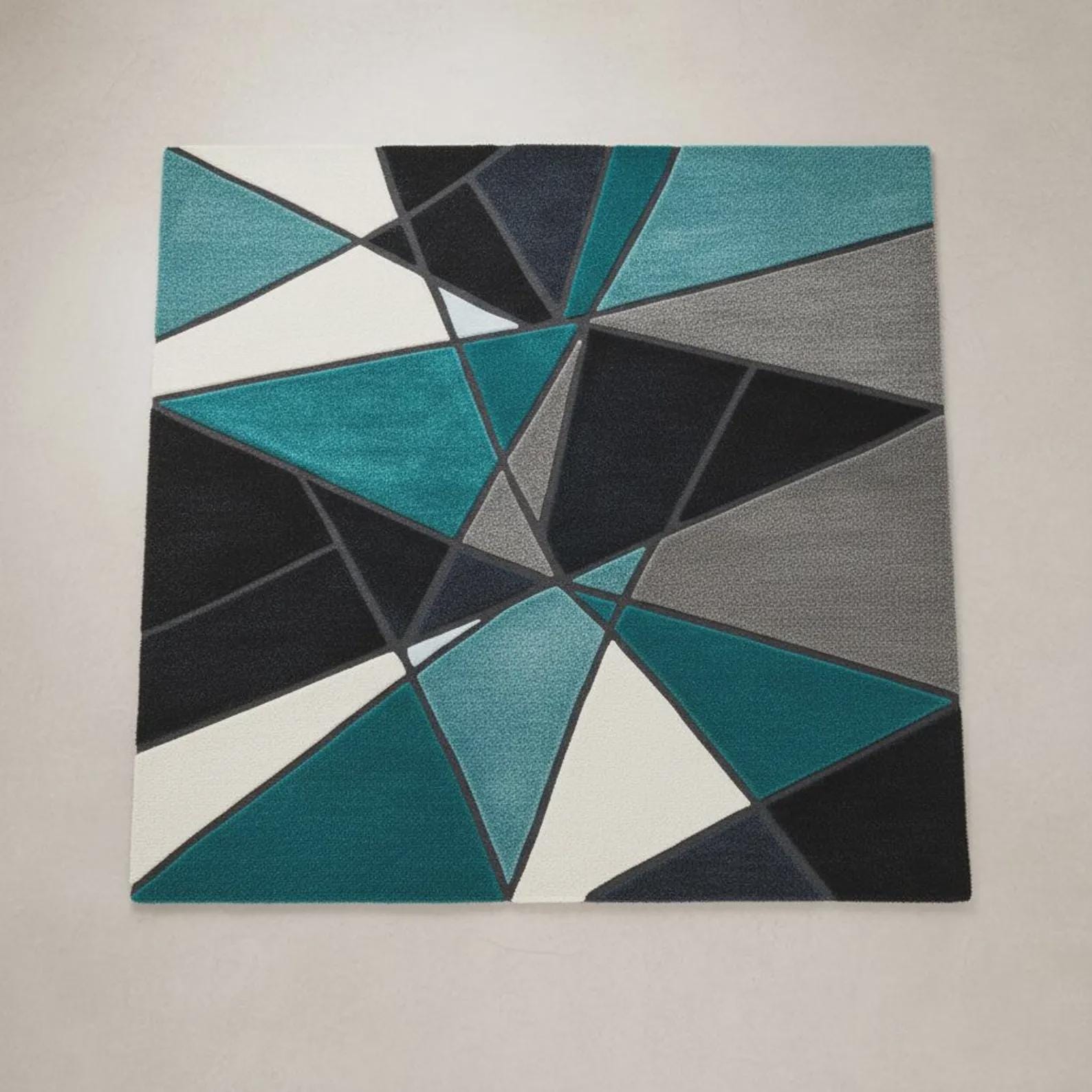 Geometric Abstract Rug – Blue Teal Gold Modern Area Rug – Contemporary Stained Glass Carpet Teppich