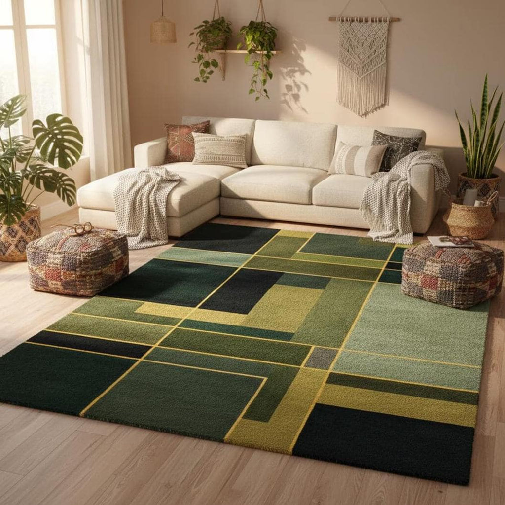 Green Geometric Area Rug – Modern Art, Teal Black Grey Contemporary Carpet, Designer Living Room Rug