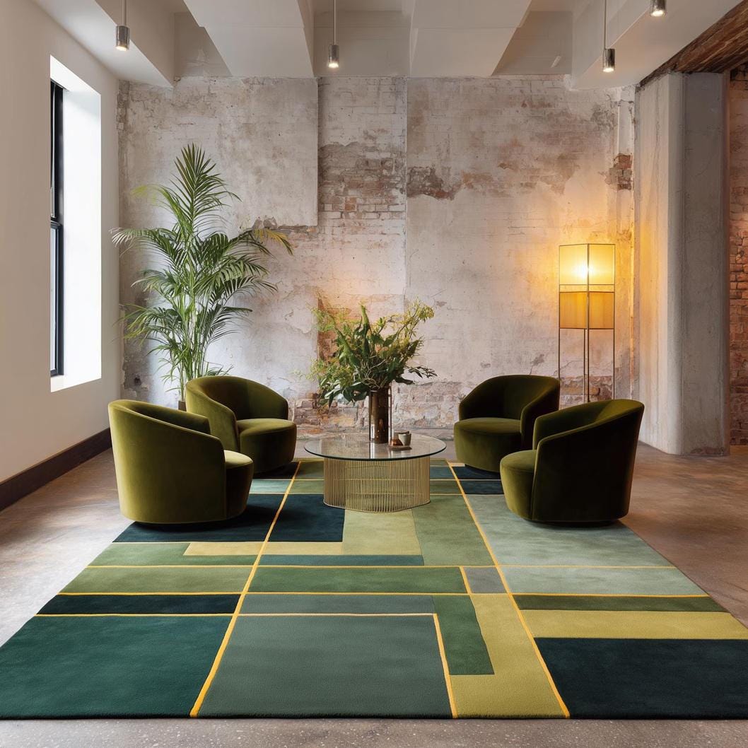 Green Geometric Area Rug – Modern Art, Teal Black Grey Contemporary Carpet, Designer Living Room Rug