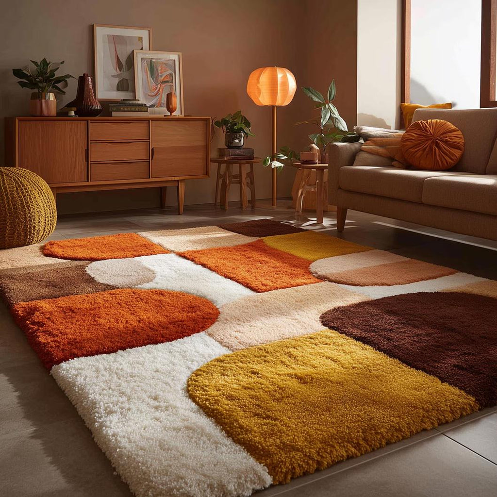 Mid Century Geometric Shag Rug Retro Mustard Orange Brown Carpe | Designer Living Room Rug