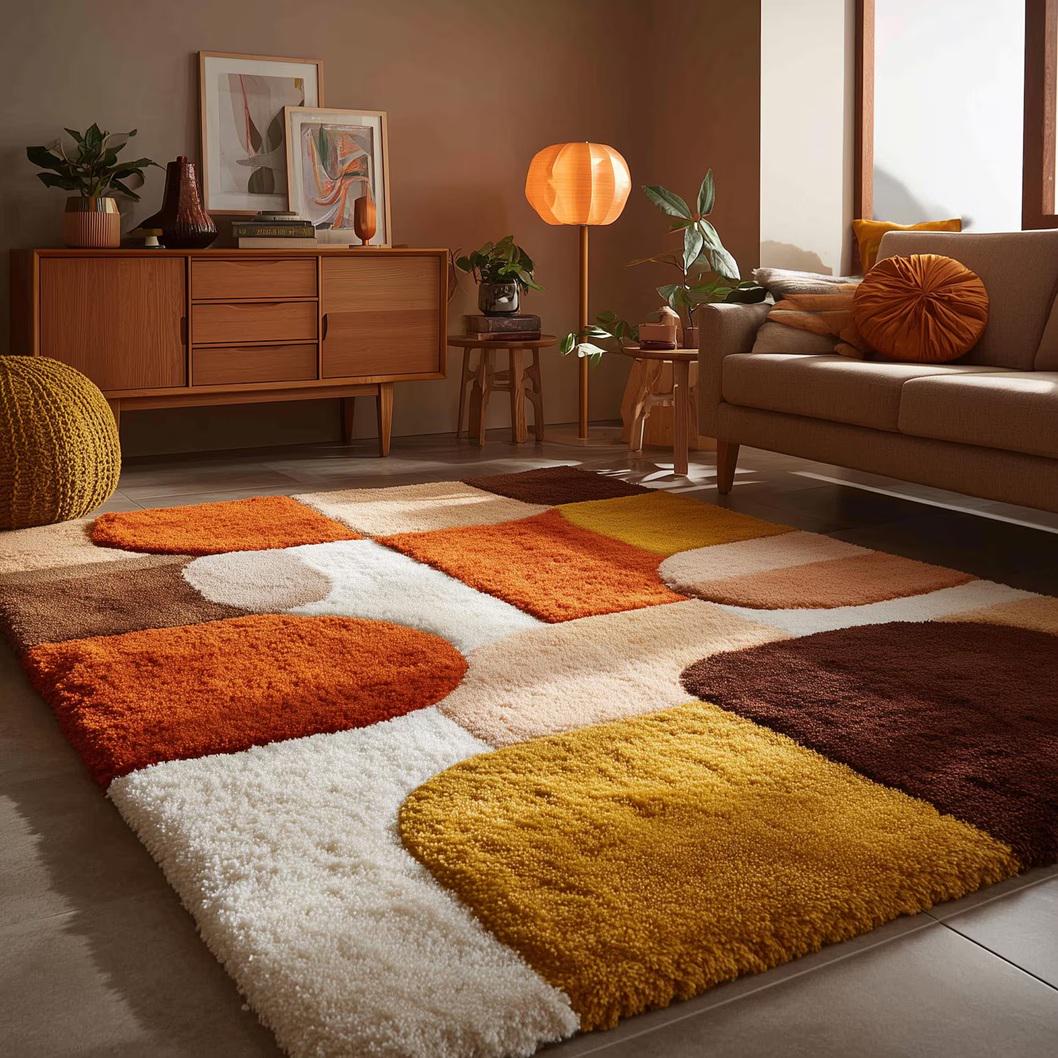 Mid Century Geometric Shag Rug Retro Mustard Orange Brown Carpe | Designer Living Room Rug