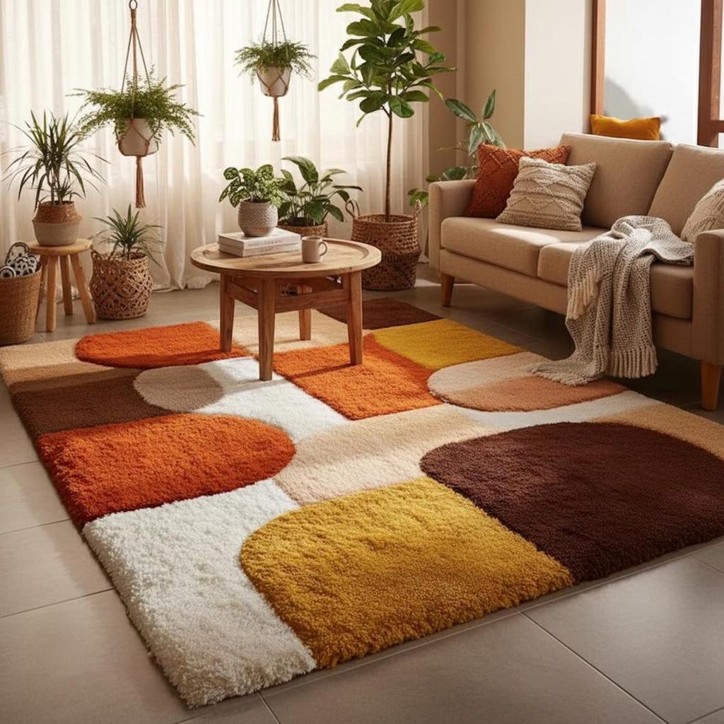 Mid Century Geometric Shag Rug Retro Mustard Orange Brown Carpe | Designer Living Room Rug