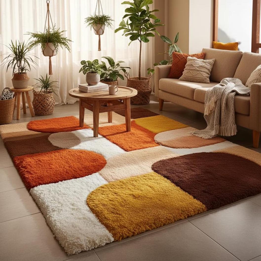 Mid Century Geometric Shag Rug Retro Mustard Orange Brown Carpe | Designer Living Room Rug