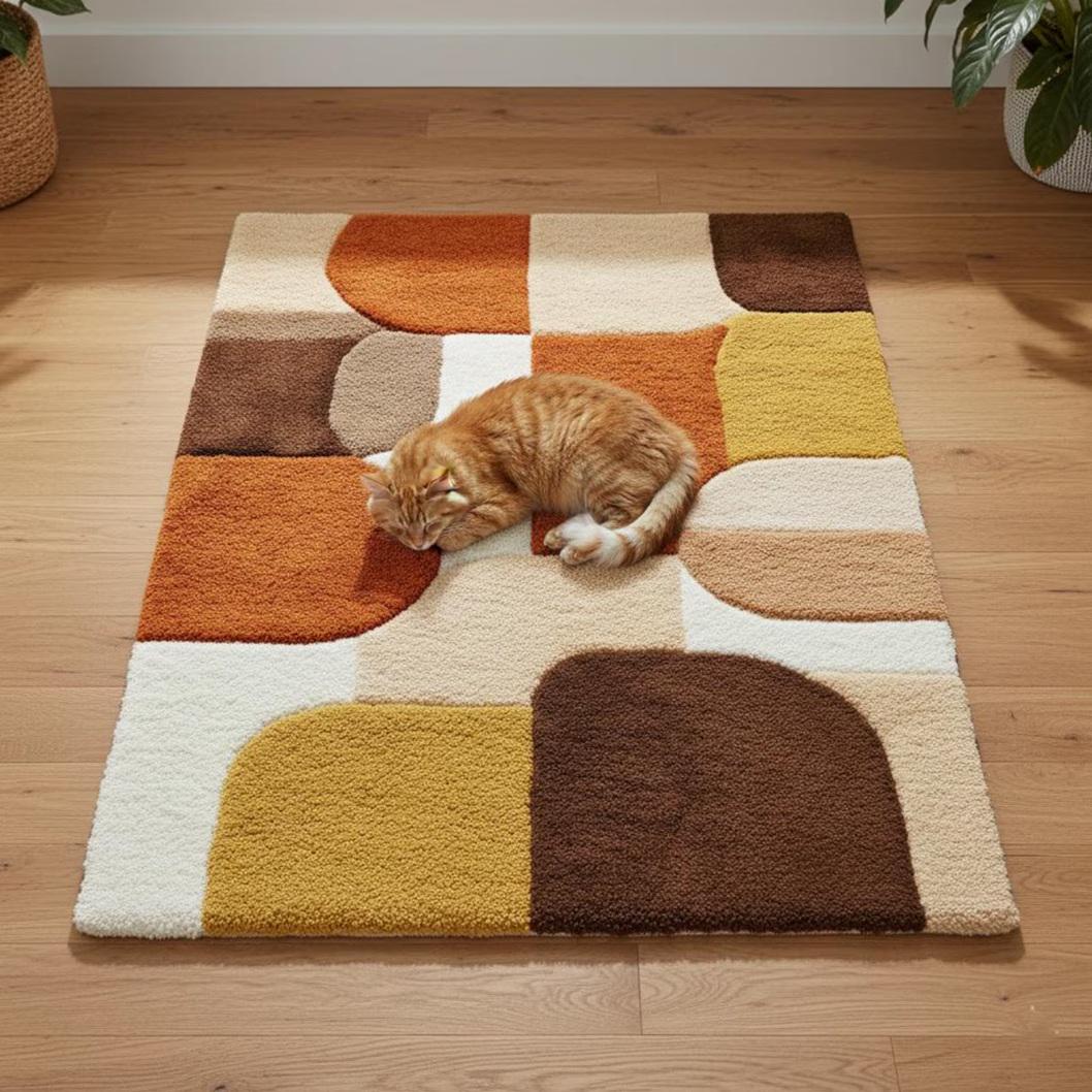 Mid Century Geometric Shag Rug Retro Mustard Orange Brown Carpe | Designer Living Room Rug