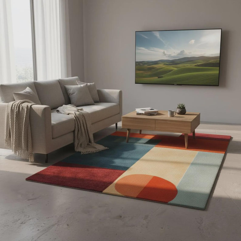 Modern Geometric Area Rug – Mid Century Abstract Carpet in Teal Orange Rust & Beige, Living Room Accent Rug, Contemporary Color Block Floor