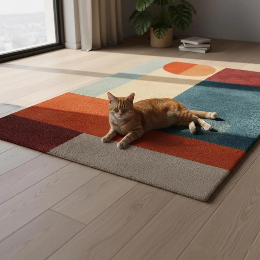 Modern Geometric Area Rug – Mid Century Abstract Carpet in Teal Orange Rust & Beige, Living Room Accent Rug, Contemporary Color Block Floor